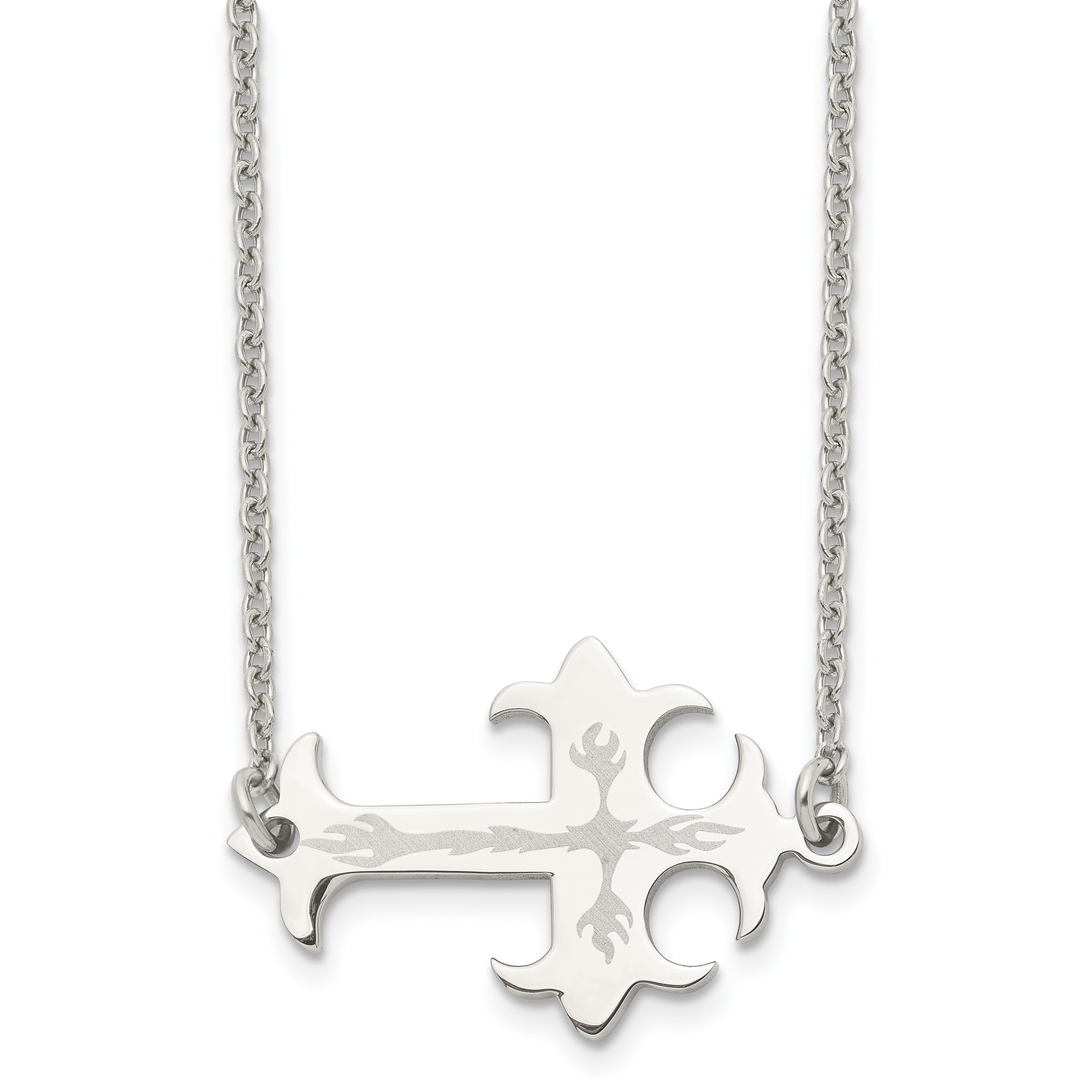 Chisel Stainless Steel Brushed and Polished Flame Design Sideways Cross on a 21 inch Cable Chain Necklace