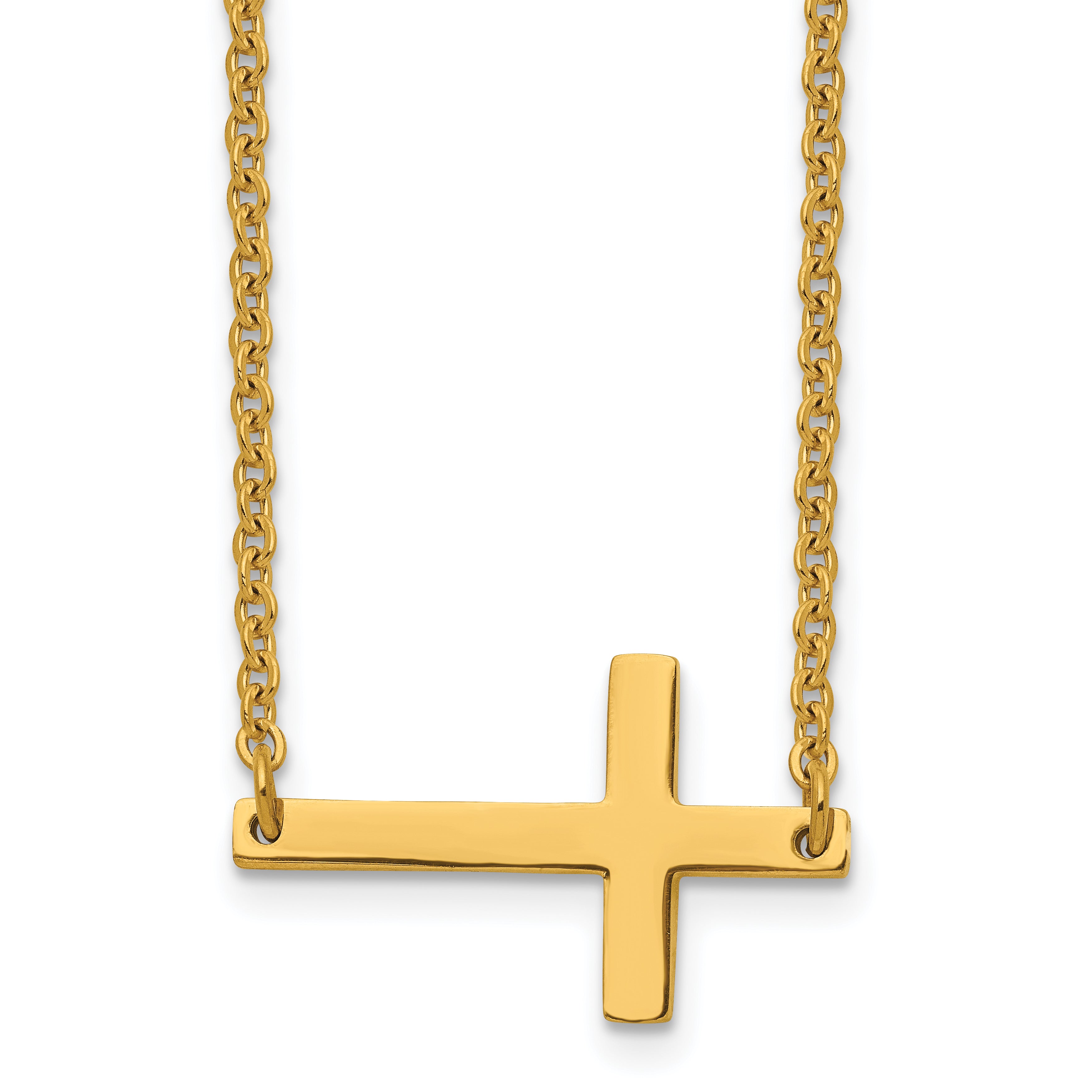 Chisel Stainless Steel Polished Yellow IP-plated Sideways Cross on an 18 inch Cable Chain Necklace