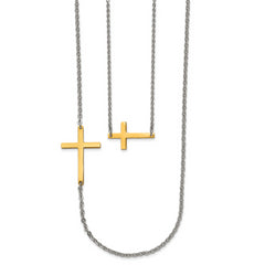 Gold Tone Stainless Steel Layered Necklace with Polished Sideways Cross for Women
