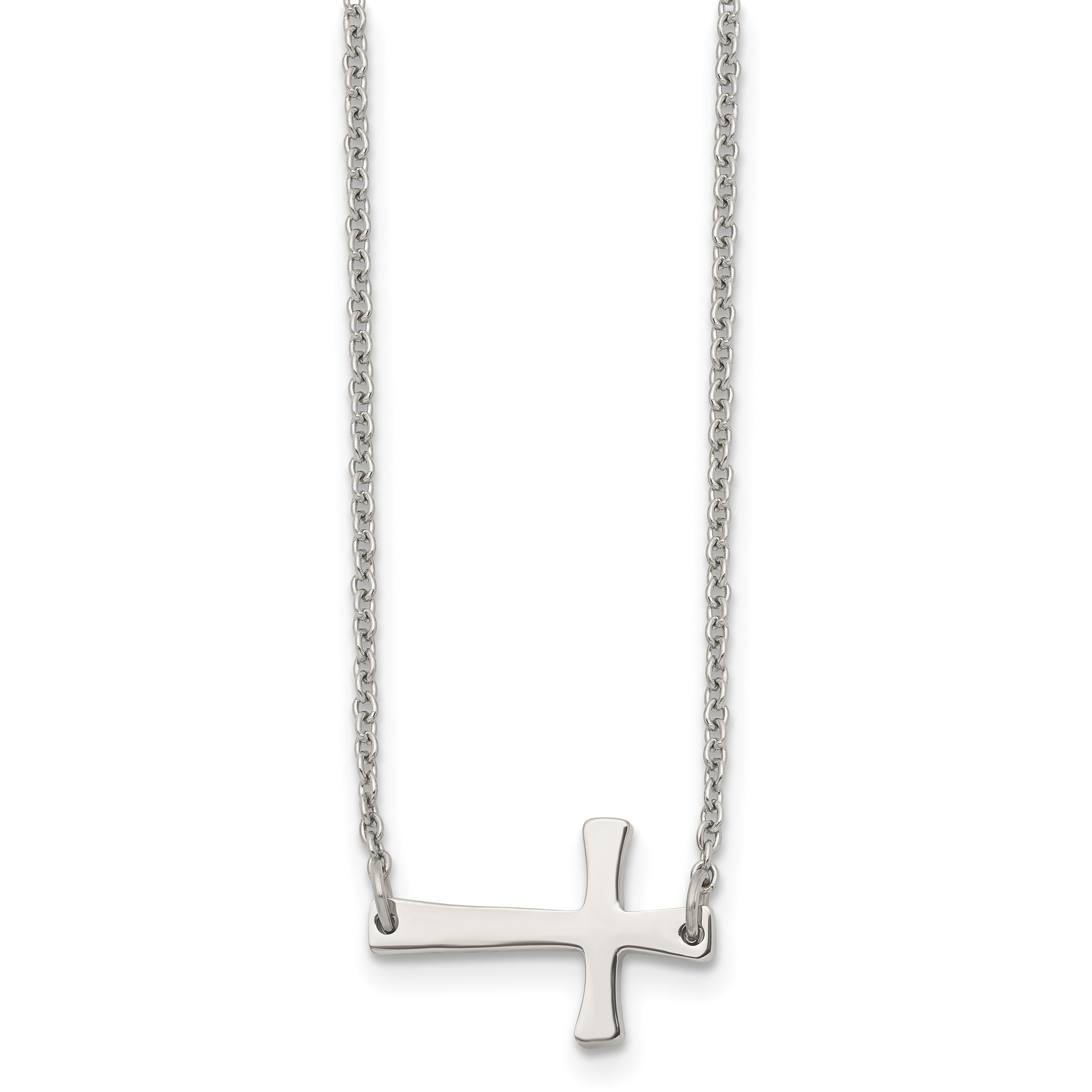 Chisel Stainless Steel Polished Sideways Cross on a 16 inch Cable Chain Necklace