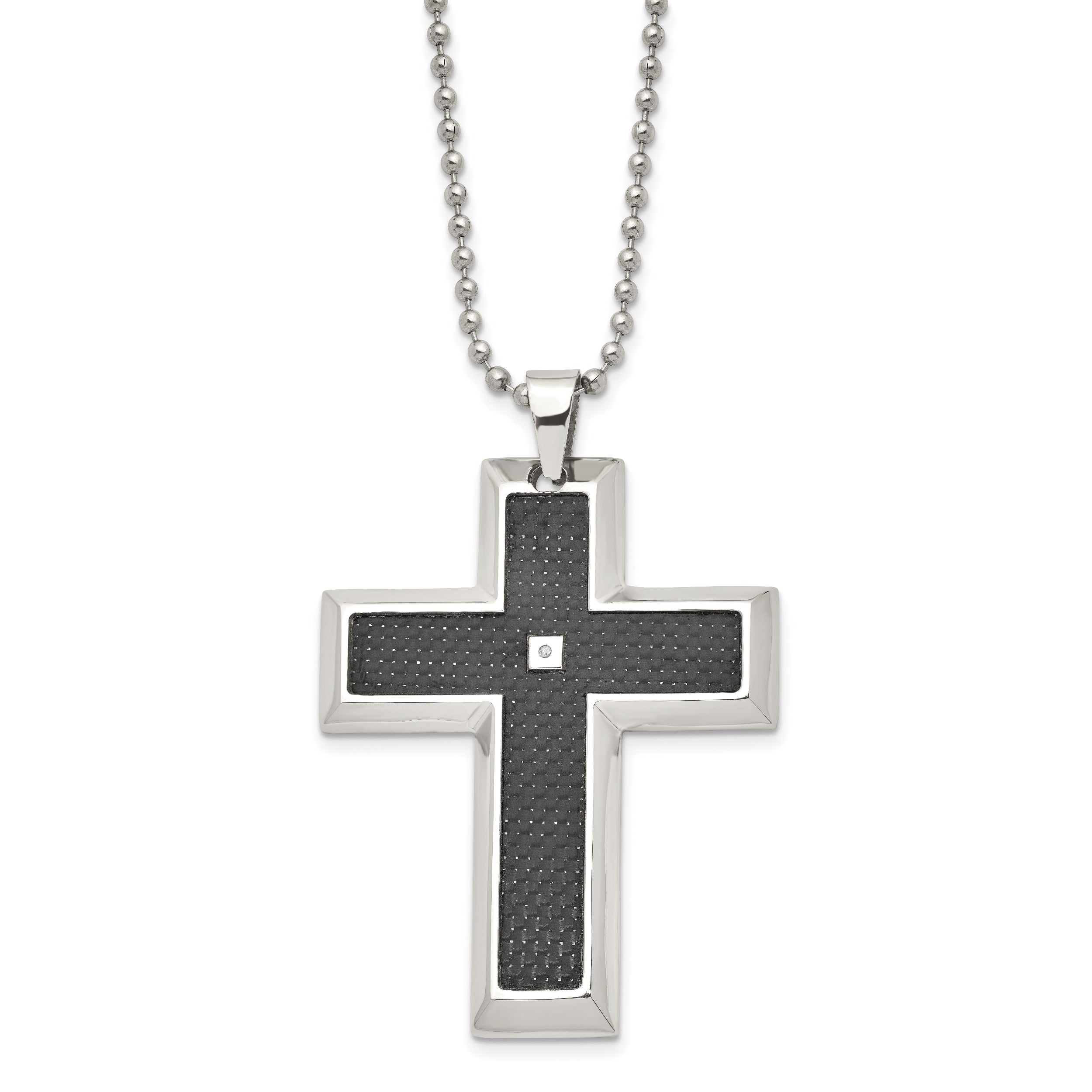 Chisel Stainless Steel Polished with Black Carbon Fiber Inlay .0.1 Carat Diamond Cross Pendant on a 24 inch Ball Chain Necklace