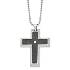Chisel Stainless Steel Polished with Black Carbon Fiber Inlay .0.1 Carat Diamond Cross Pendant on a 24 inch Ball Chain Necklace