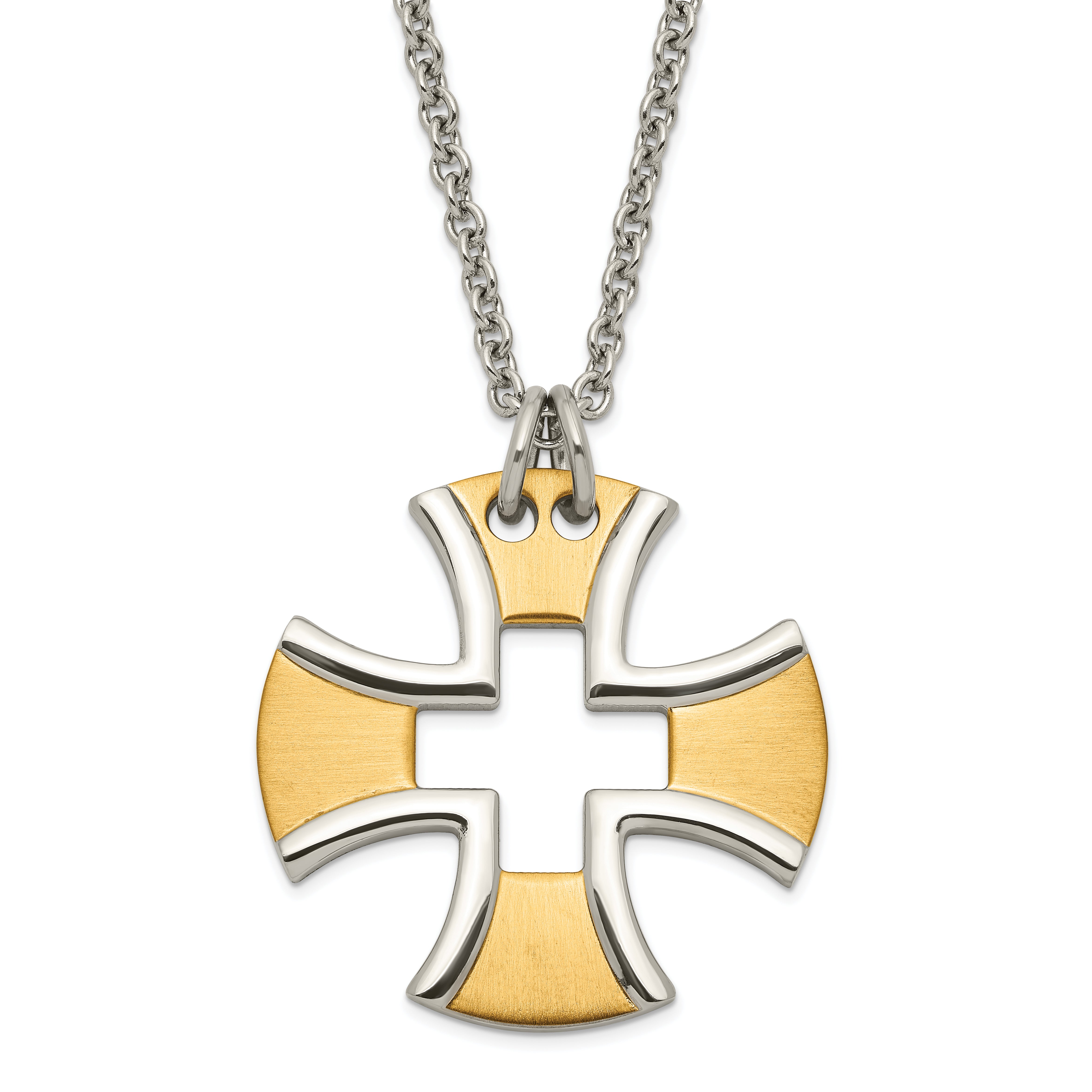 Stainless Steel & Yellow IP-plated Polished & Satin Cross Necklace