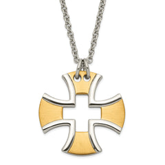 Stainless Steel & Yellow IP-plated Polished & Satin Cross Necklace