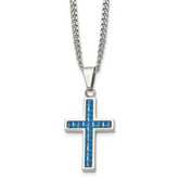 Chisel Stainless Steel Polished with Blue Carbon Fiber Inlay Cross Pendant on a 20 inch Curb Chain Necklace
