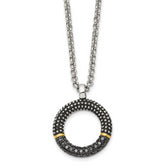 Stainless Steel Antiqued & Polished Yellow IP w/Black CZ 18in Necklace