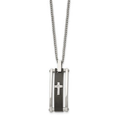Chisel Stainless Steel Polished Black IP-plated with CZ Cross Pendant on a 22 inch Curb Chain Necklace
