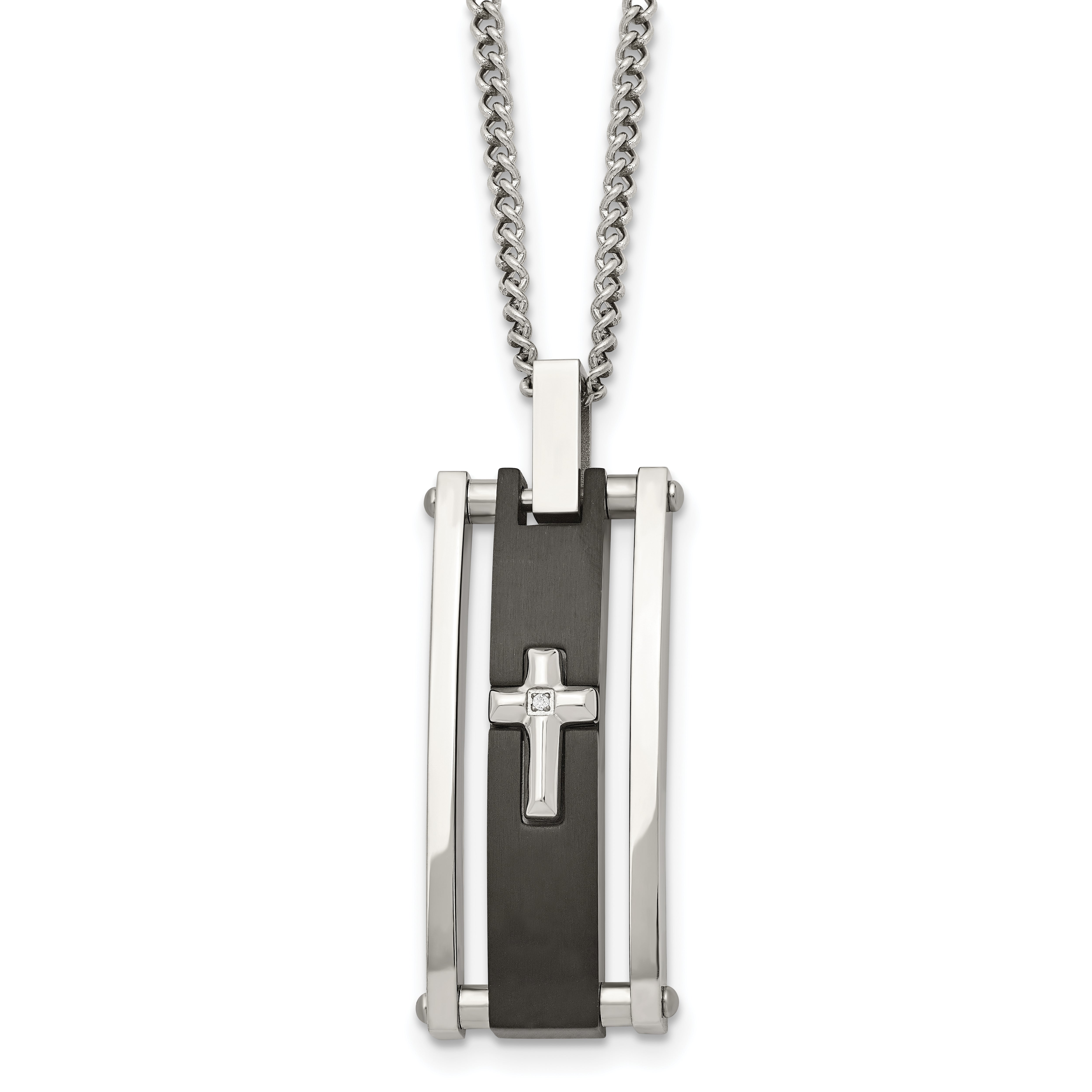 Chisel Stainless Steel Polished Black IP-plated with CZ Cross Pendant on a 22 inch Curb Chain Necklace