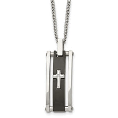 Chisel Stainless Steel Polished Black IP-plated with CZ Cross Pendant on a 22 inch Curb Chain Necklace