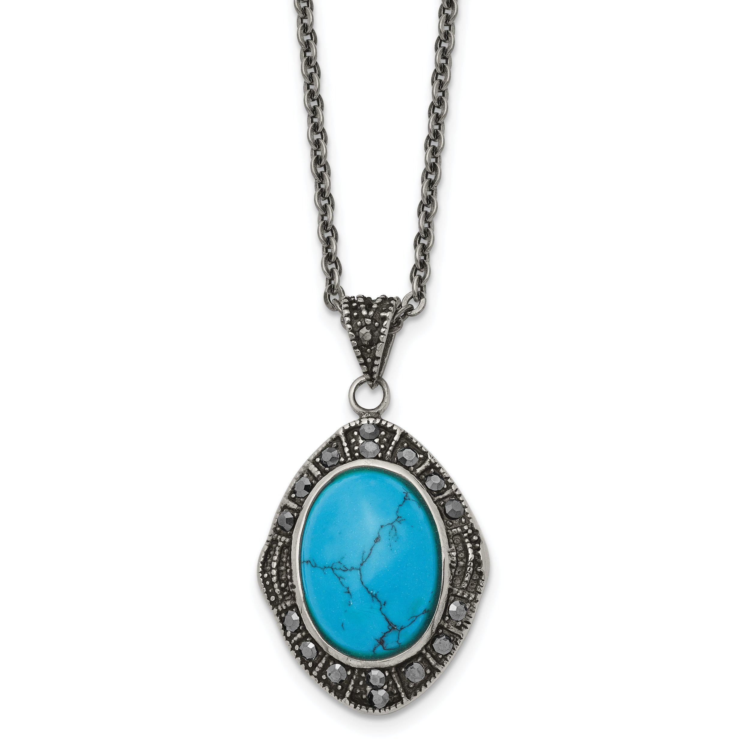 Stainless Steel Antiqued Simulated Turquoise Marcasite 18in Necklace