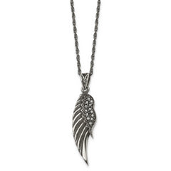 Chisel Stainless Steel Antiqued and Polished with Marcasite Wing Pendant on a 20 inch Singapore Chain Necklace