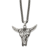 Chisel Stainless Steel Antiqued Polished and Textured Bull Skull Pendant on a 20 inch Curb Chain Necklace