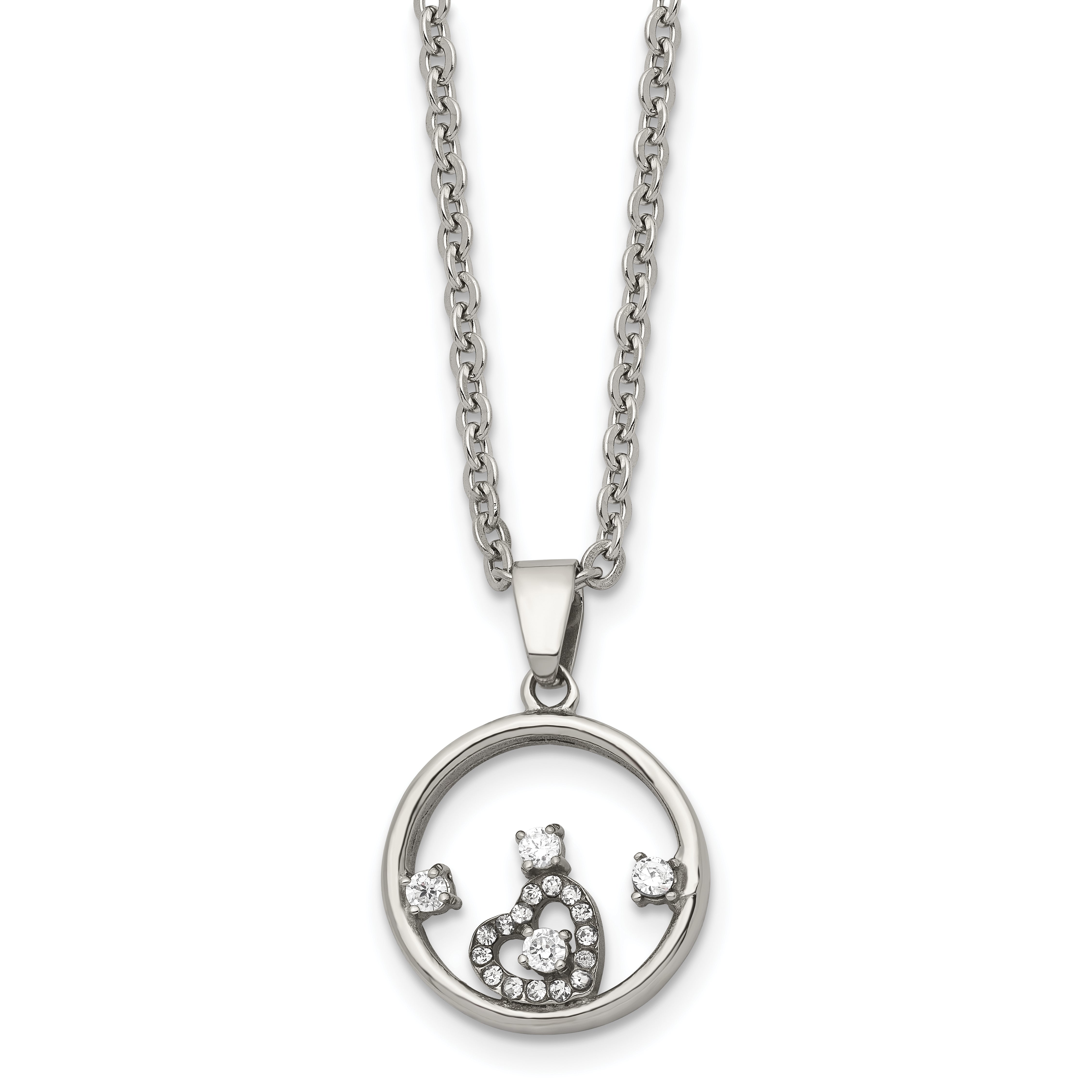 Chisel Stainless Steel Polished Circle with CZ and Heart Pendant on an 18 inch Cable Chain Necklace