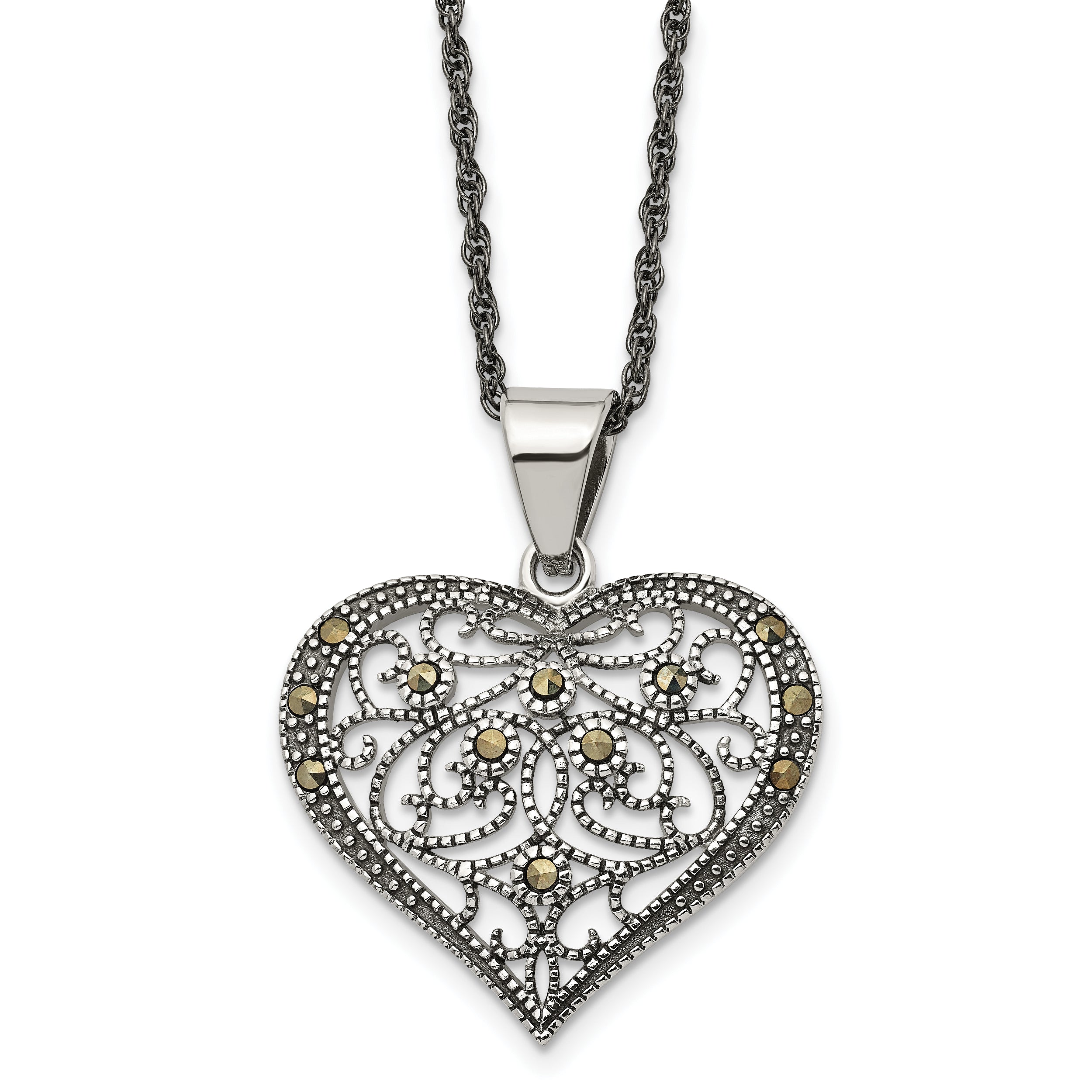Chisel Stainless Steel Antiqued and Polished with Marcasite Heart Pendant on a 20 inch Singapore Chain Necklace