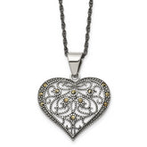 Chisel Stainless Steel Antiqued and Polished with Marcasite Heart Pendant on a 20 inch Singapore Chain Necklace