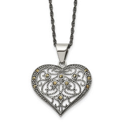 Chisel Stainless Steel Antiqued and Polished with Marcasite Heart Pendant on a 20 inch Singapore Chain Necklace