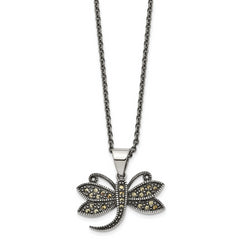 Chisel Stainless Steel Antiqued and Polished with Marcasite Dragonfly Pendant on an 18 inch Cable Chain Necklace