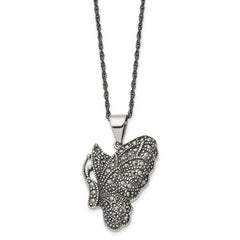 Chisel Stainless Steel Antiqued and Polished with Marcasite Butterfly Pendant on a 20 inch Singapore Chain Necklace