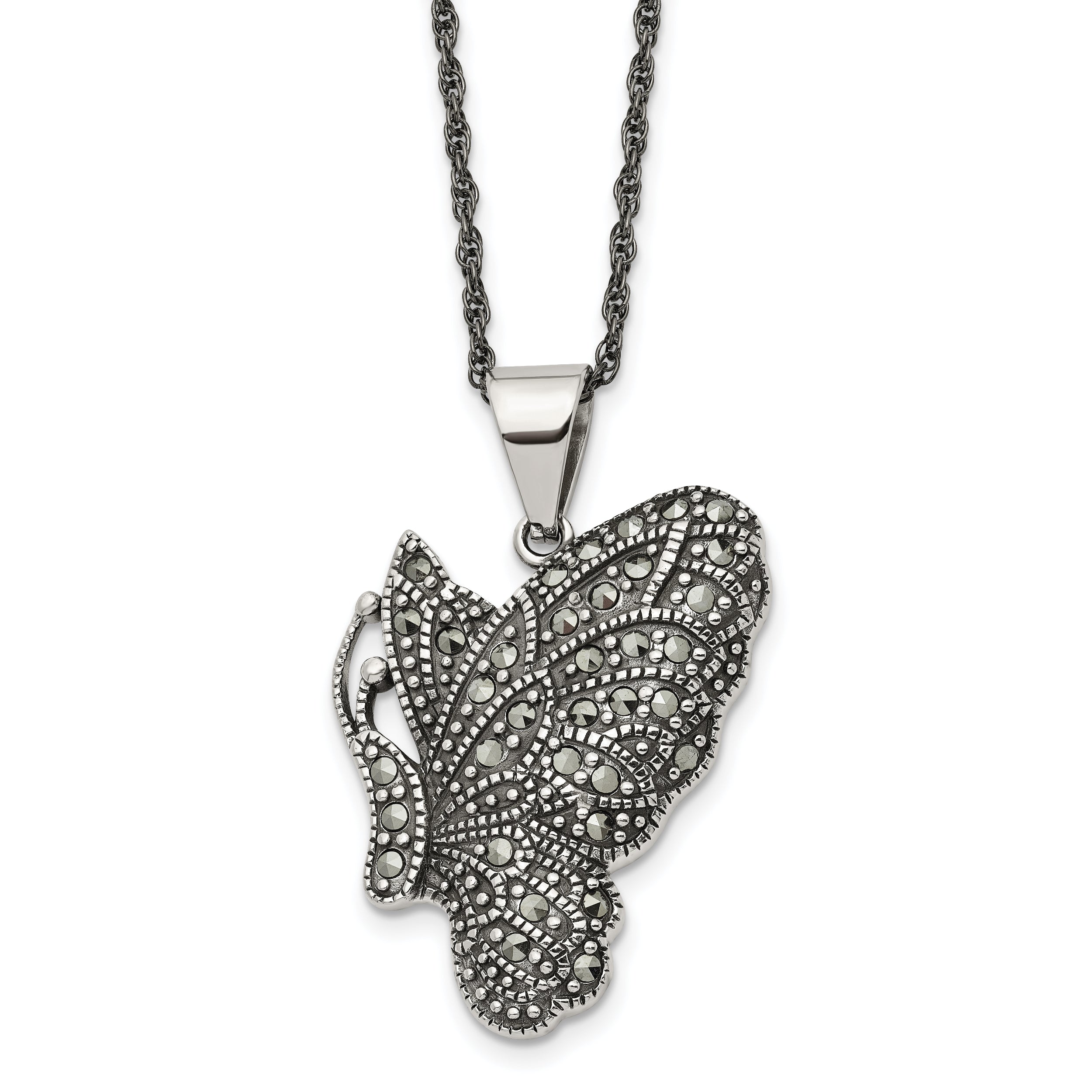 Chisel Stainless Steel Antiqued and Polished with Marcasite Butterfly Pendant on a 20 inch Singapore Chain Necklace