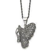 Chisel Stainless Steel Antiqued and Polished with Marcasite Butterfly Pendant on a 20 inch Singapore Chain Necklace