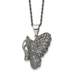 Chisel Stainless Steel Antiqued and Polished with Marcasite Butterfly Pendant on a 20 inch Singapore Chain Necklace