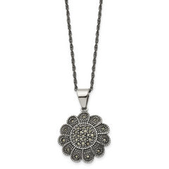 Stainless Steel Antiqued and Polished Marcasite Flower 20in Necklace