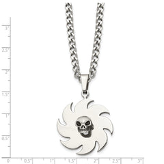 Stainless Steel Polished w/Black Enamel Saw Blade with Skull 24in Necklace