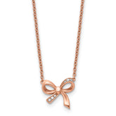 Stainless Steel Polished Rose IP-plated w/CZ Bow w/1.75in ext Necklace