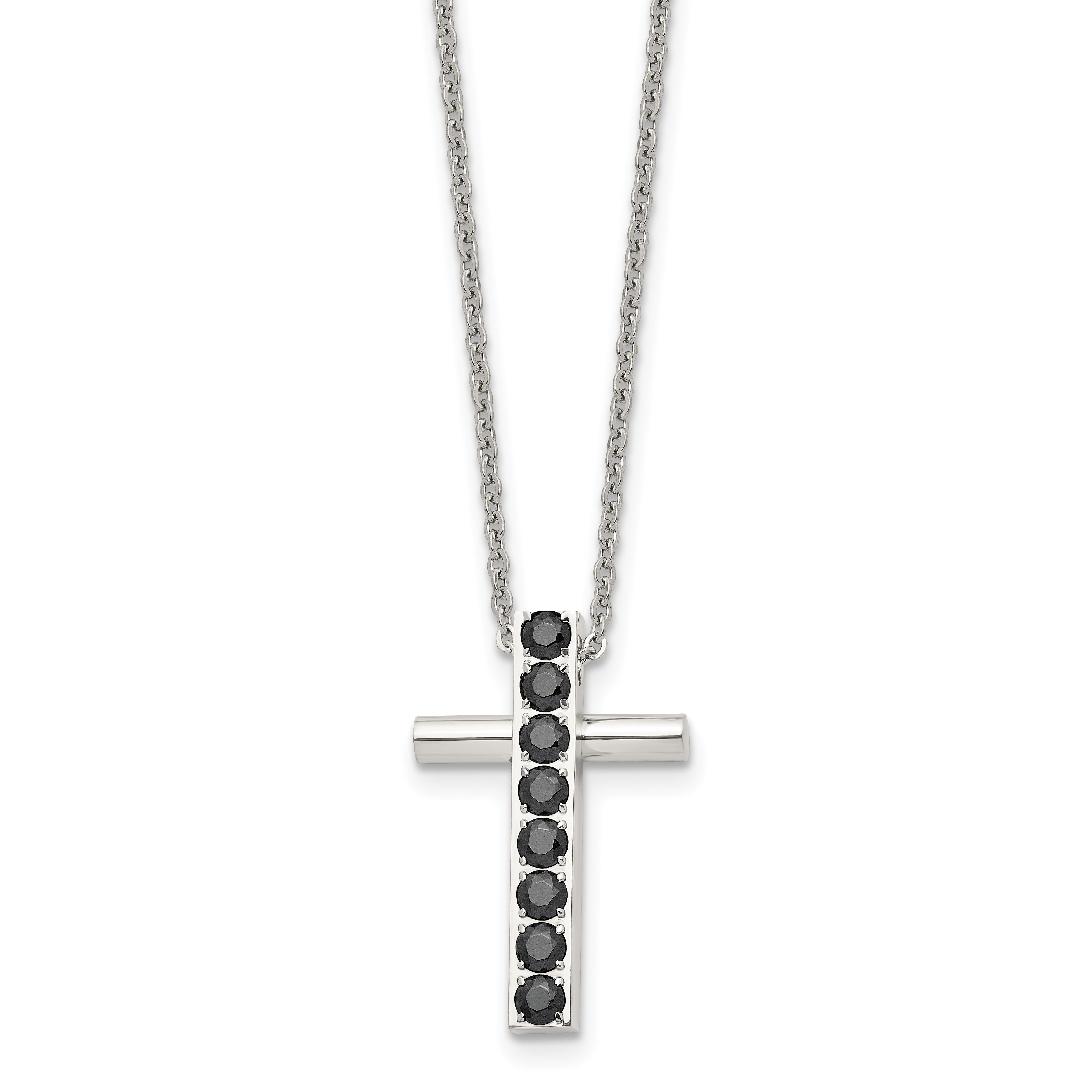 Stainless Steel Polished w/Black CZ Cross 22in Necklace