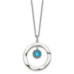 Stainless Steel Polished Blue Glass Circle 18in w/ 2in ext Necklace