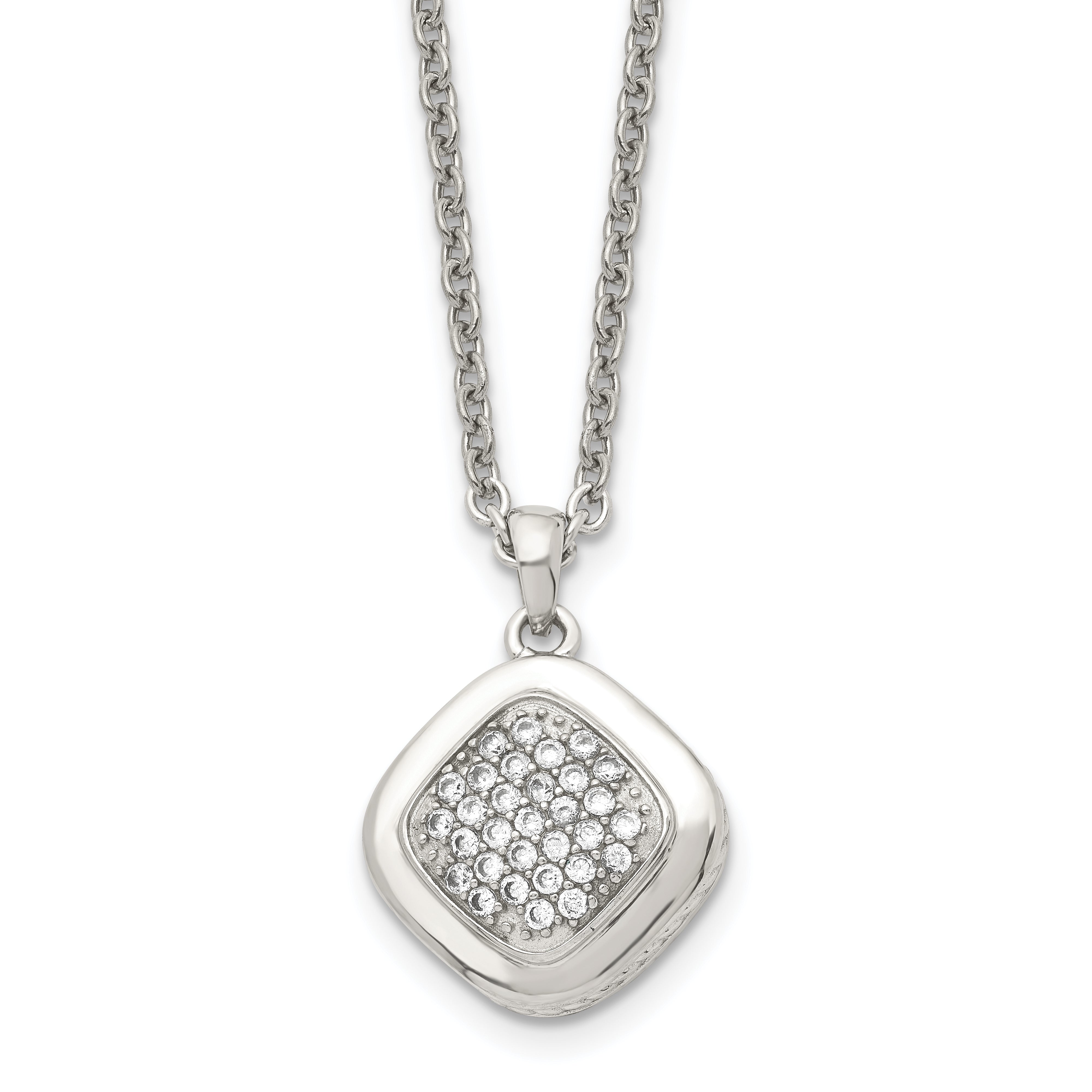 Stainless Steel Polished w/CZ Square 18in w/2in ext Necklace