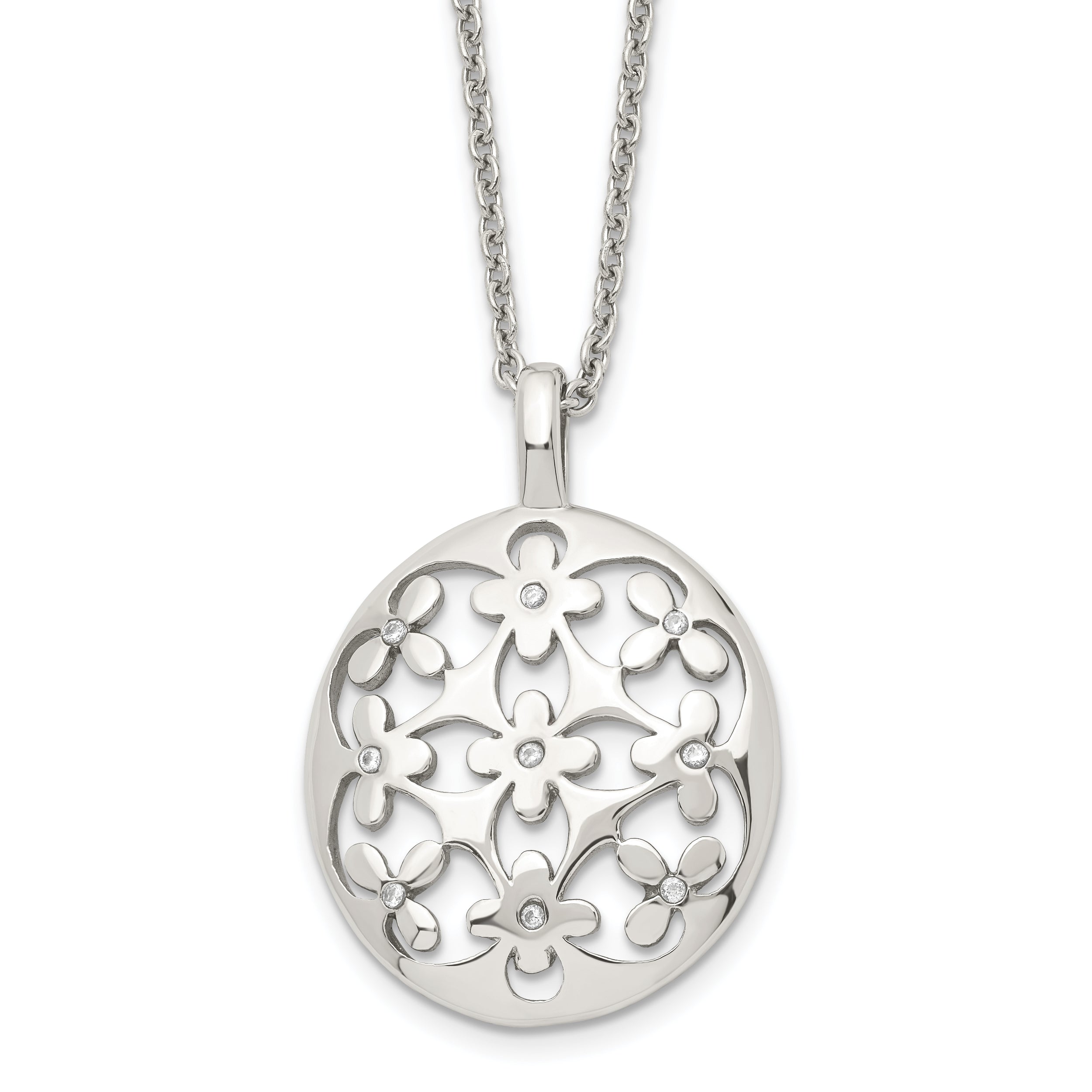 Stainless Steel Polished Circle w/CZ Flowers 18.25in w/2in ext Necklace