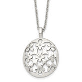 Stainless Steel Polished Circle w/CZ Flowers 18.25in w/2in ext Necklace