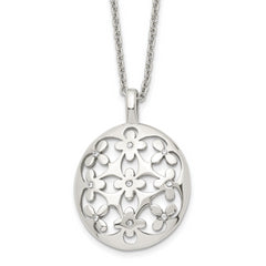 Stainless Steel Polished Circle w/CZ Flowers 18.25in w/2in ext Necklace