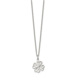 Stainless Steel Polished and Textured w/Crystal Four Leaf Clover Necklace