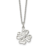 Stainless Steel Polished and Textured w/Crystal Four Leaf Clover Necklace