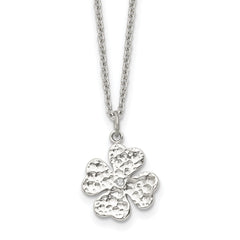 Stainless Steel Polished and Textured w/Crystal Four Leaf Clover Necklace