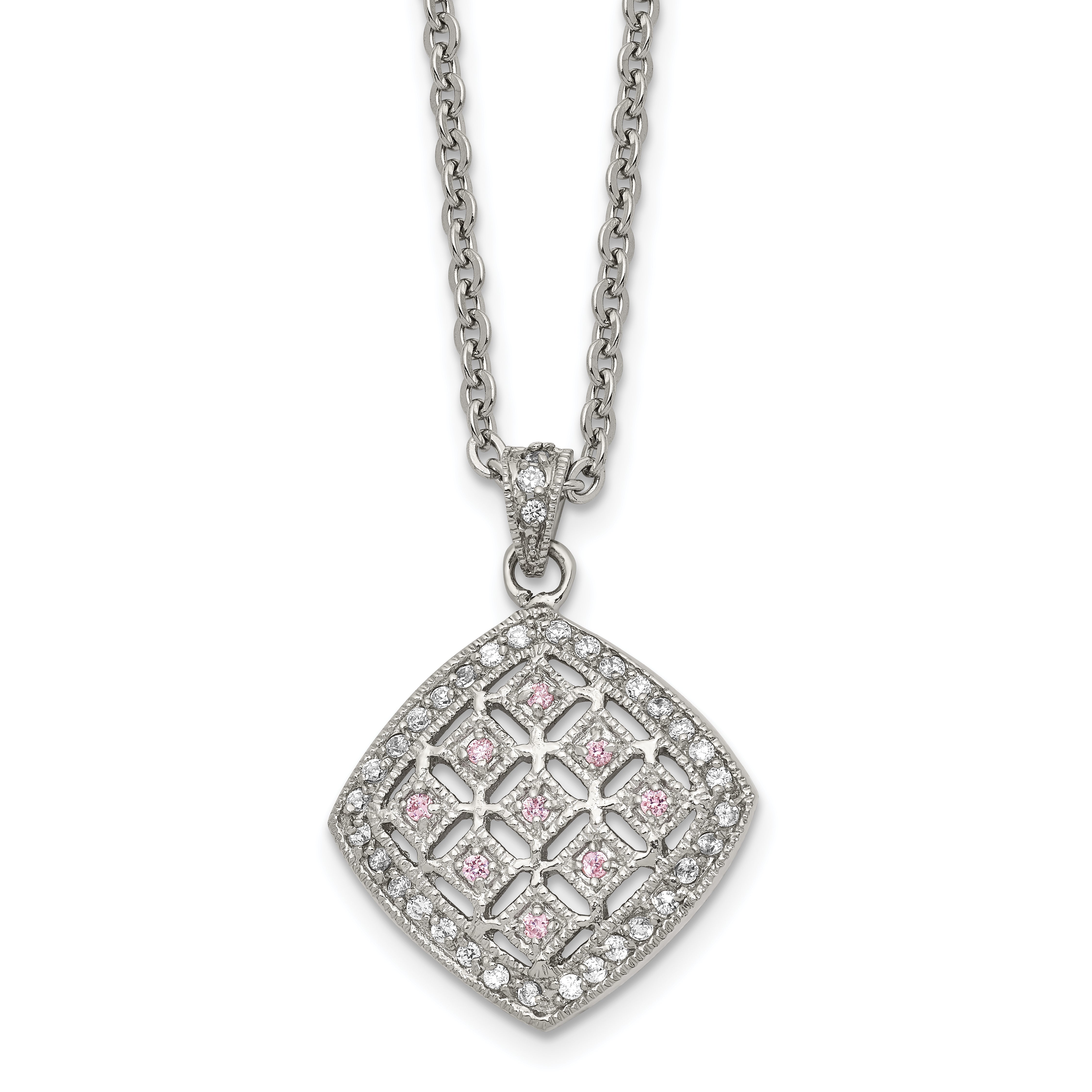 Chisel Stainless Steel Polished Clear and Pink CZ Square Pendant on a 18 inch Cable Chain Necklace