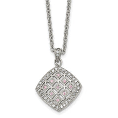 Chisel Stainless Steel Polished Clear and Pink CZ Square Pendant on a 18 inch Cable Chain Necklace