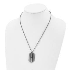 Stainless Steel Antiqued and Brushed w/Black CZ Dog Tag 20in Necklace