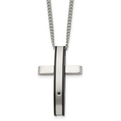 Chisel Stainless Steel Polished Black IP-plated .01 carat Diamond Cross Pendant on a 24 inch Curb Chain Necklace