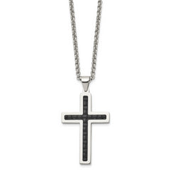 Chisel Stainless Steel Polished and Textured Black Leather Inlay Cross Pendant on a 20 inch Rolo Chain Necklace
