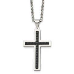 Chisel Stainless Steel Polished and Textured Black Leather Inlay Cross Pendant on a 20 inch Rolo Chain Necklace