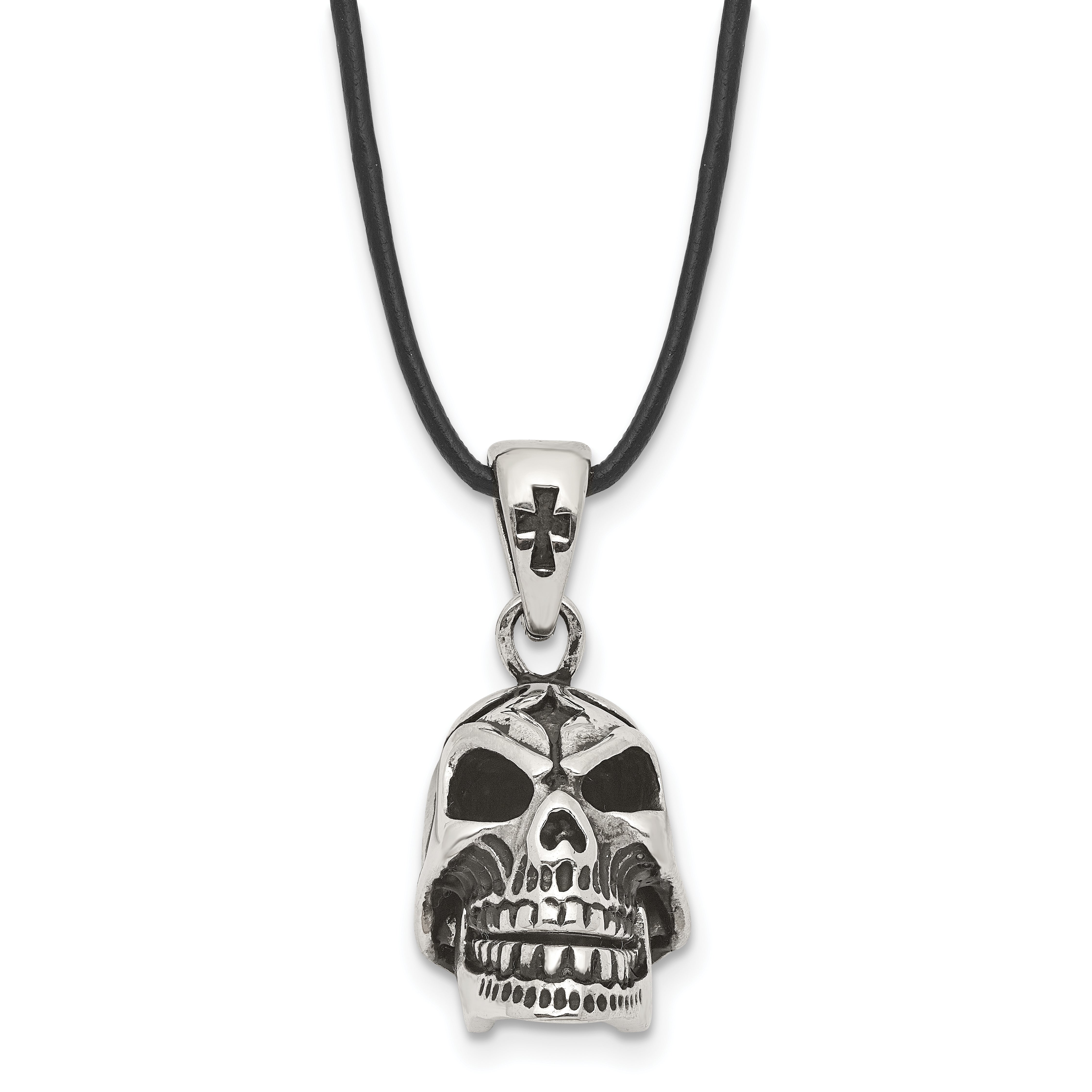 Chisel Stainless Steel Antiqued and Polished Moveable Skull Pendant on a 20 inch Leather Cord Necklace