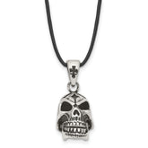 Chisel Stainless Steel Antiqued and Polished Moveable Skull Pendant on a 20 inch Leather Cord Necklace
