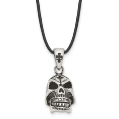 Chisel Stainless Steel Antiqued and Polished Moveable Skull Pendant on a 20 inch Leather Cord Necklace