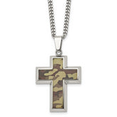Chisel Stainless Steel Polished Printed Brown Camo Under Rubber Cross Pendant on a 22 inch Curb Chain Necklace