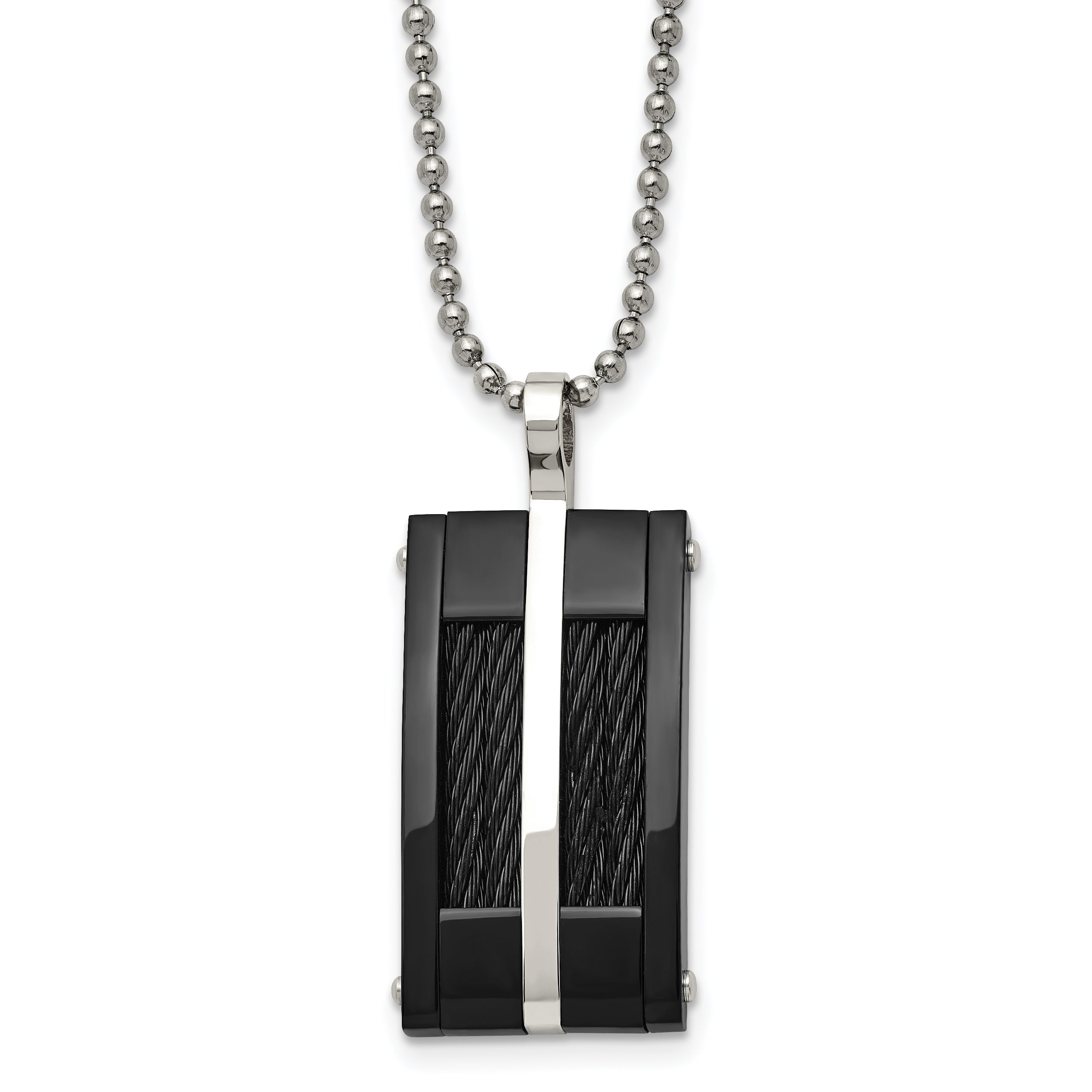 Stainless Steel 20in Polished Black IP-plated w/Cable Rectangle Necklace