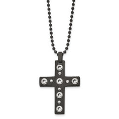 Stainless Steel Brushed and Polished Black IP-plated Cross 22in Necklace