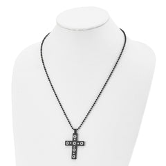 Stainless Steel Brushed and Polished Black IP-plated Cross 22in Necklace